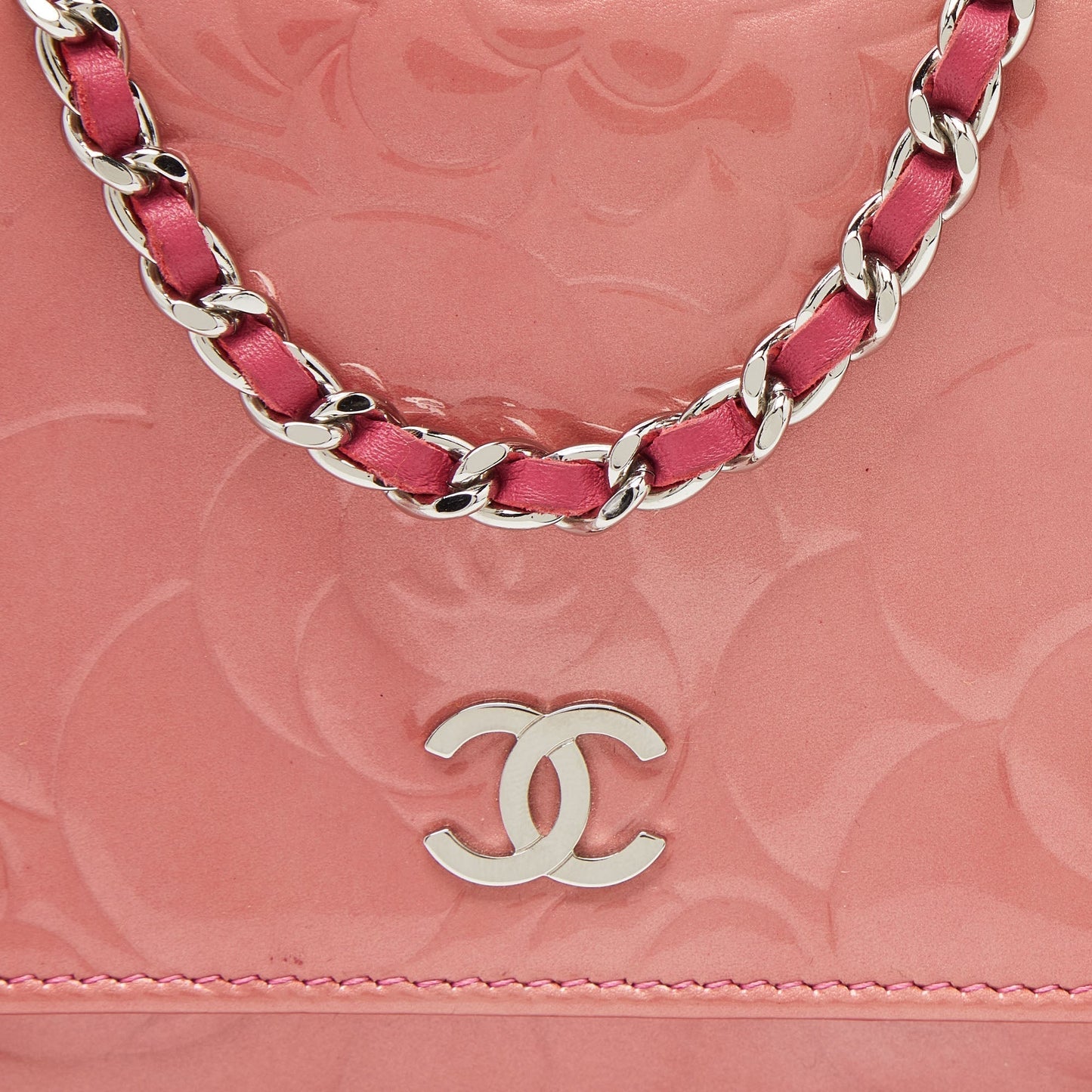 CHANEL Pink Camellia Patent and Leather Wallet On Chain