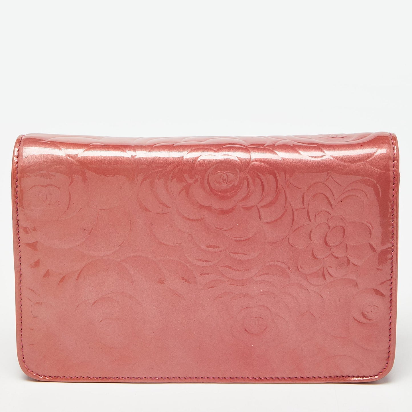 CHANEL Pink Camellia Patent and Leather Wallet On Chain