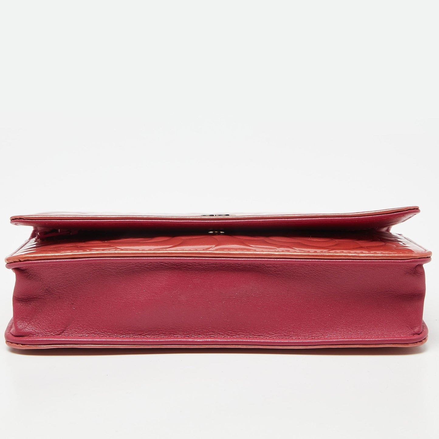 CHANEL Pink Camellia Patent and Leather Wallet On Chain