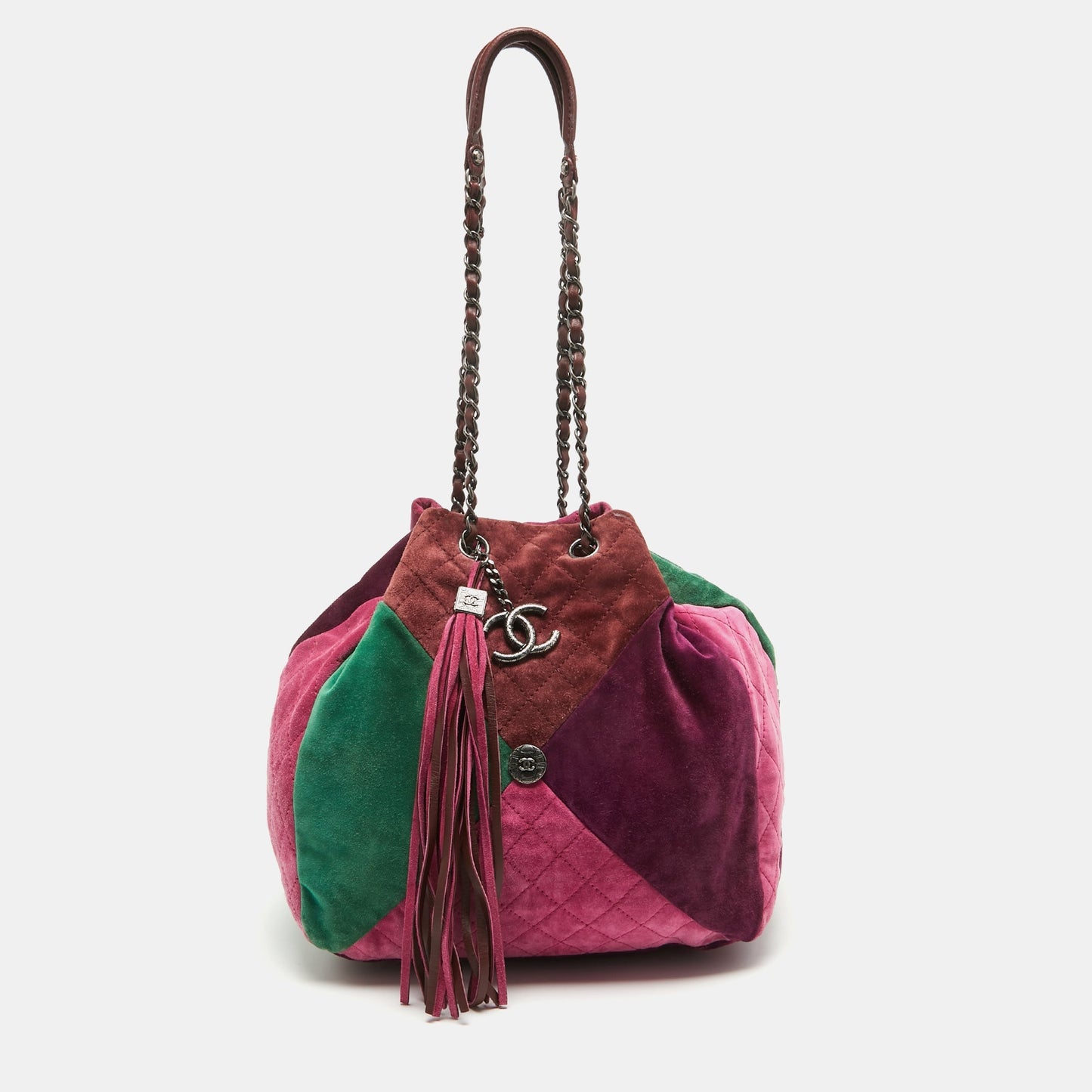 CHANEL Multicolor Quilted Suede Patchwork Drawstring Bucket Bag