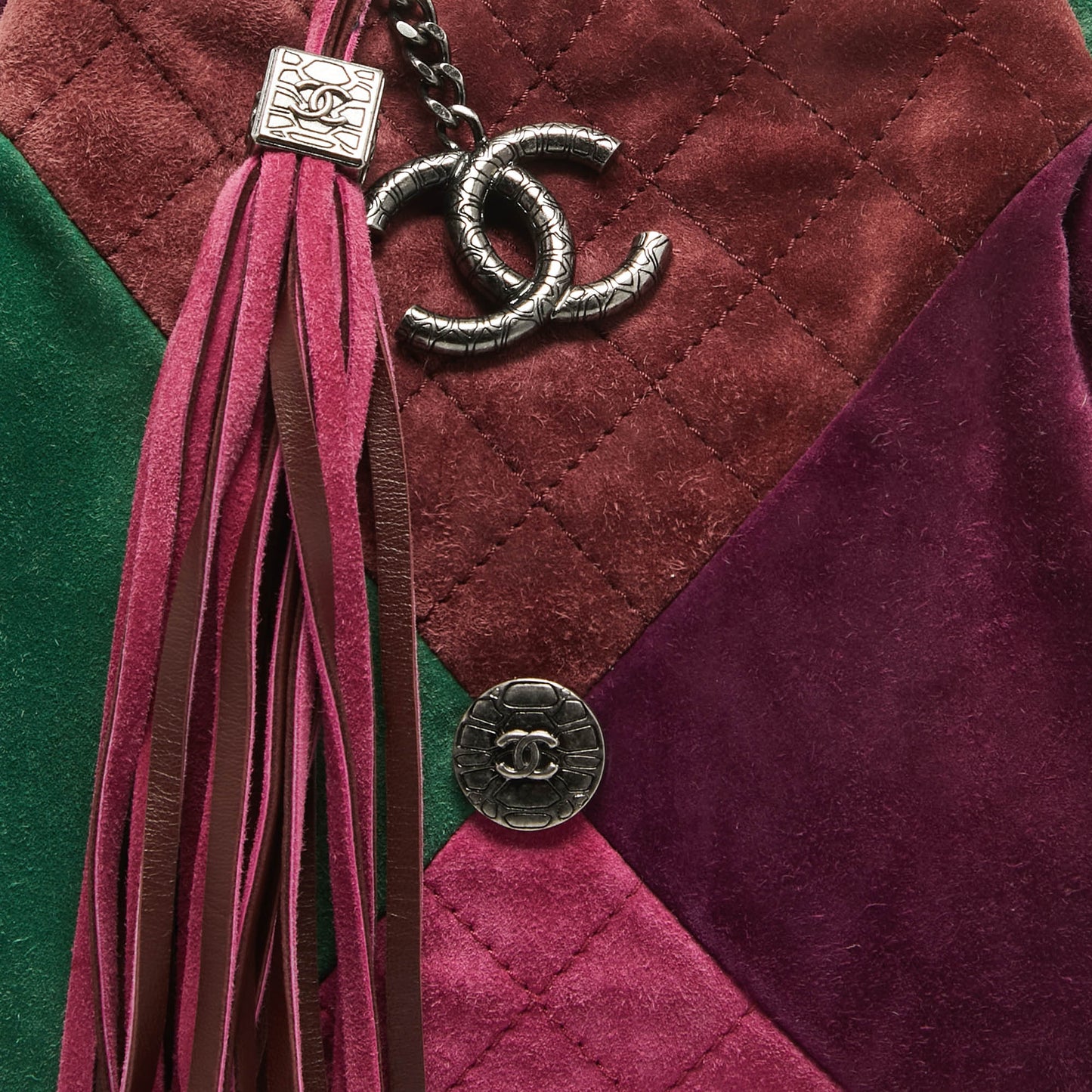 CHANEL Multicolor Quilted Suede Patchwork Drawstring Bucket Bag