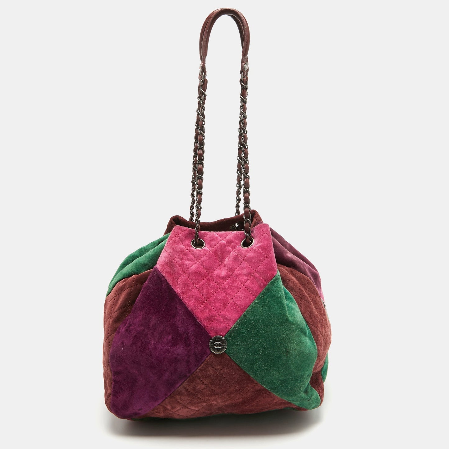 CHANEL Multicolor Quilted Suede Patchwork Drawstring Bucket Bag