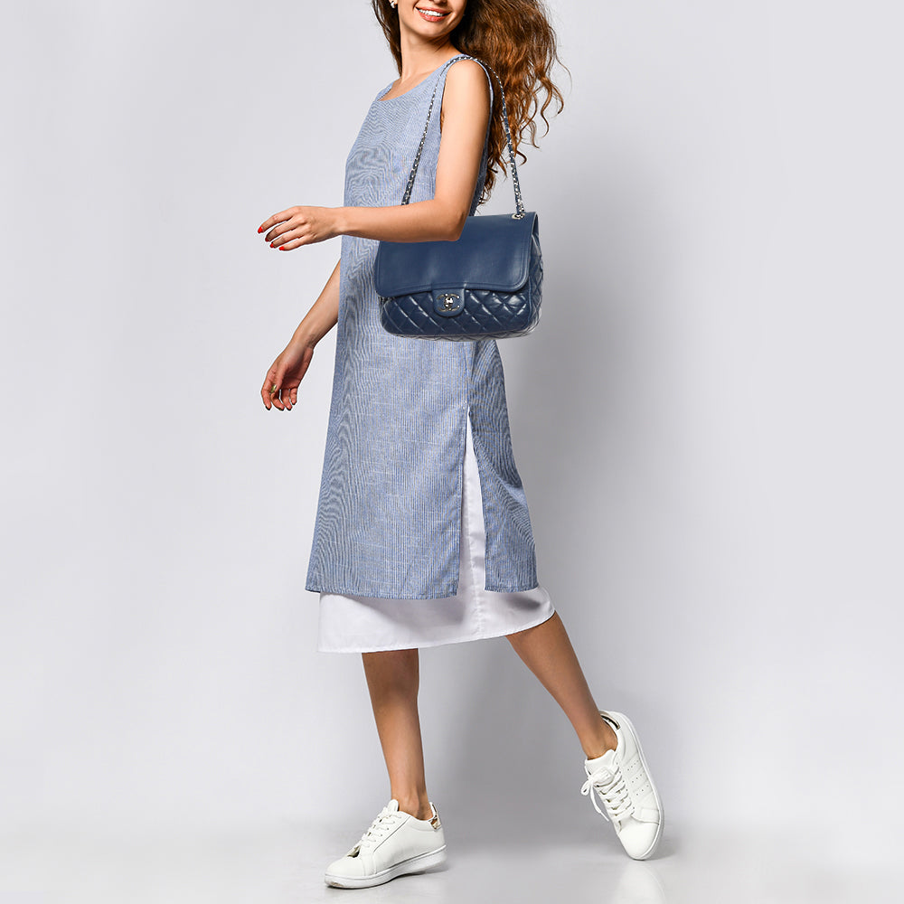 CHANEL Blue Quilted Aged Leather Flap Shoulder Bag
