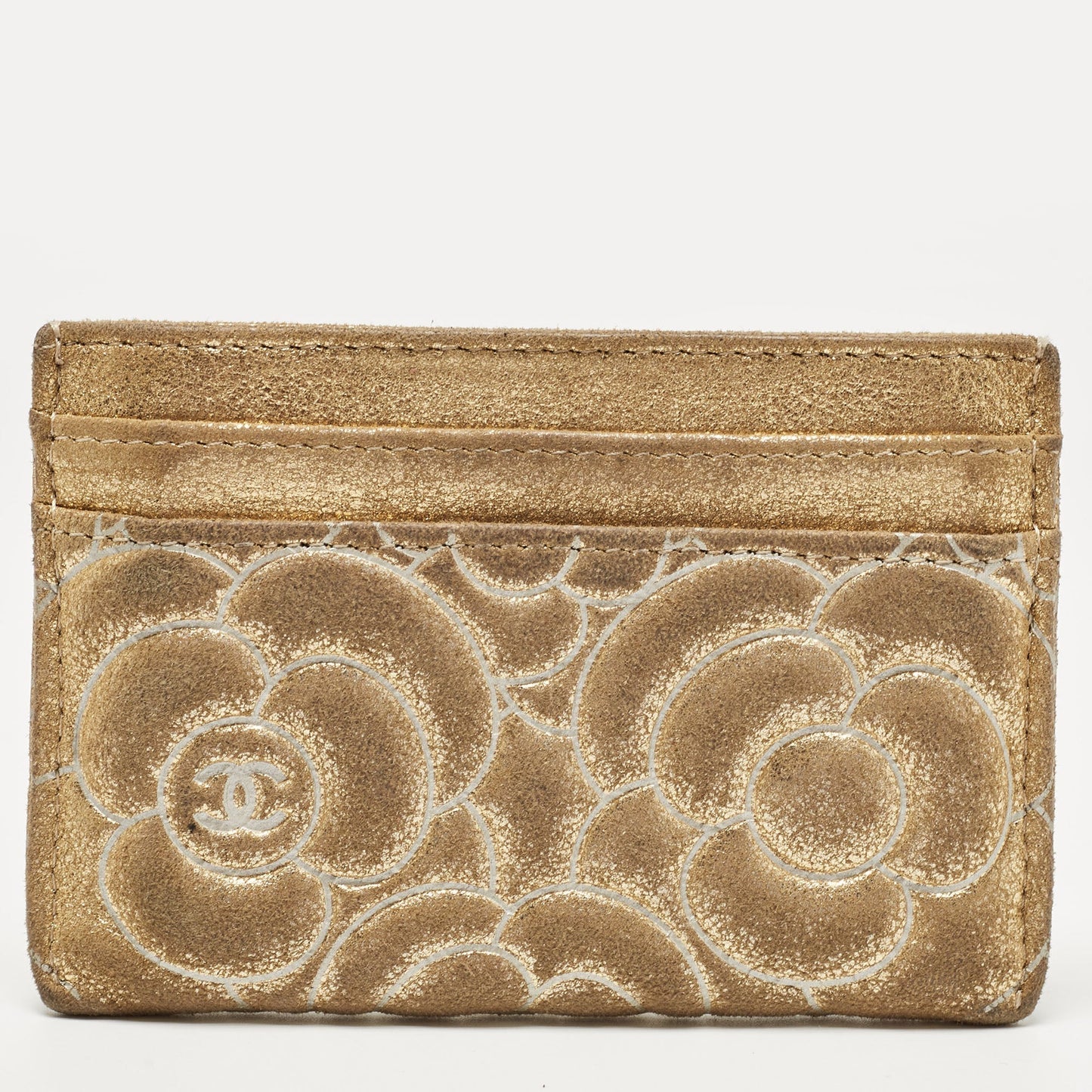 CHANEL Gold Suede Camellia Embossed Classic Card Holder
