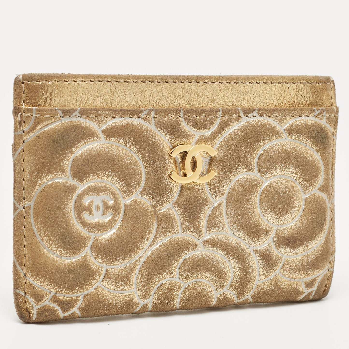 CHANEL Gold Suede Camellia Embossed Classic Card Holder