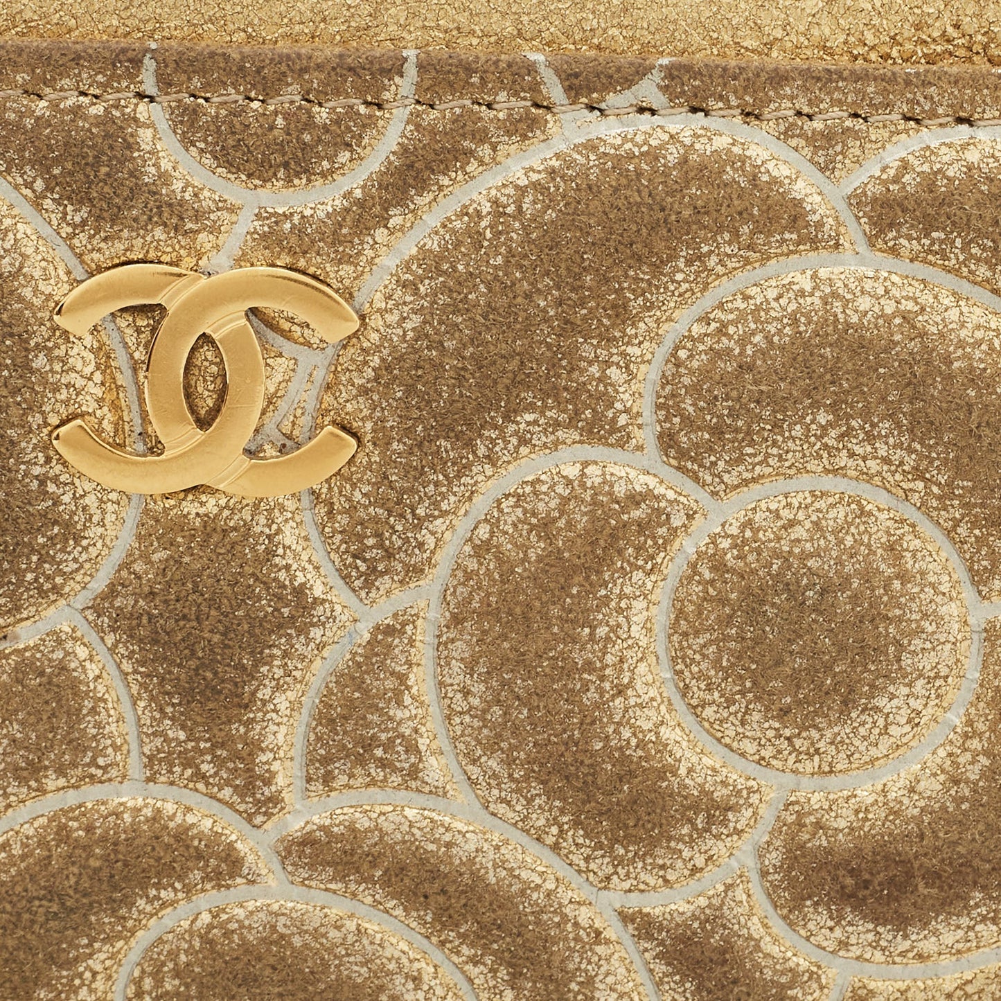 CHANEL Gold Suede Camellia Embossed Classic Card Holder