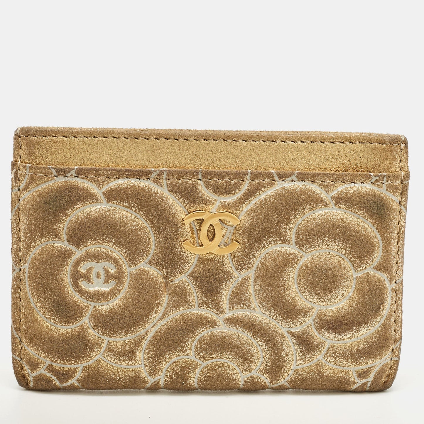 CHANEL Gold Suede Camellia Embossed Classic Card Holder