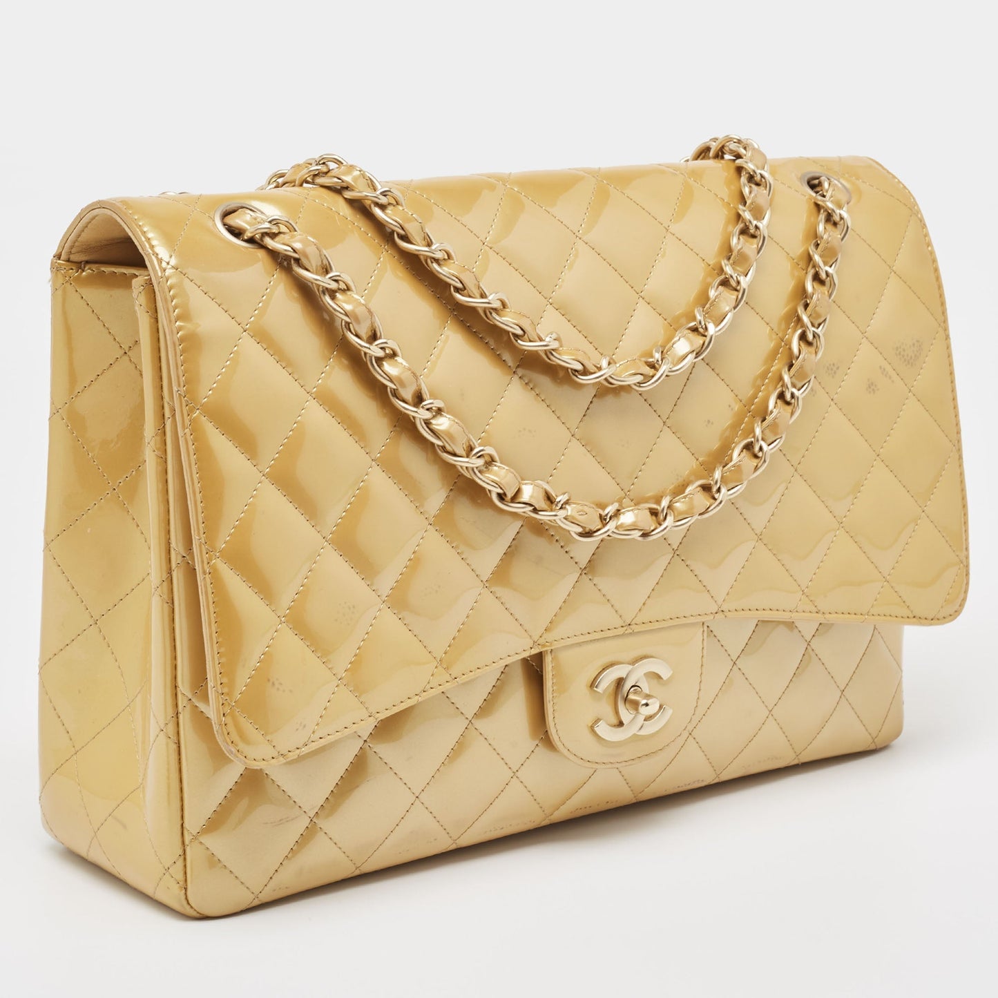 CHANEL Cream Quilted Patent Leather Maxi Classic Single Flap Bag