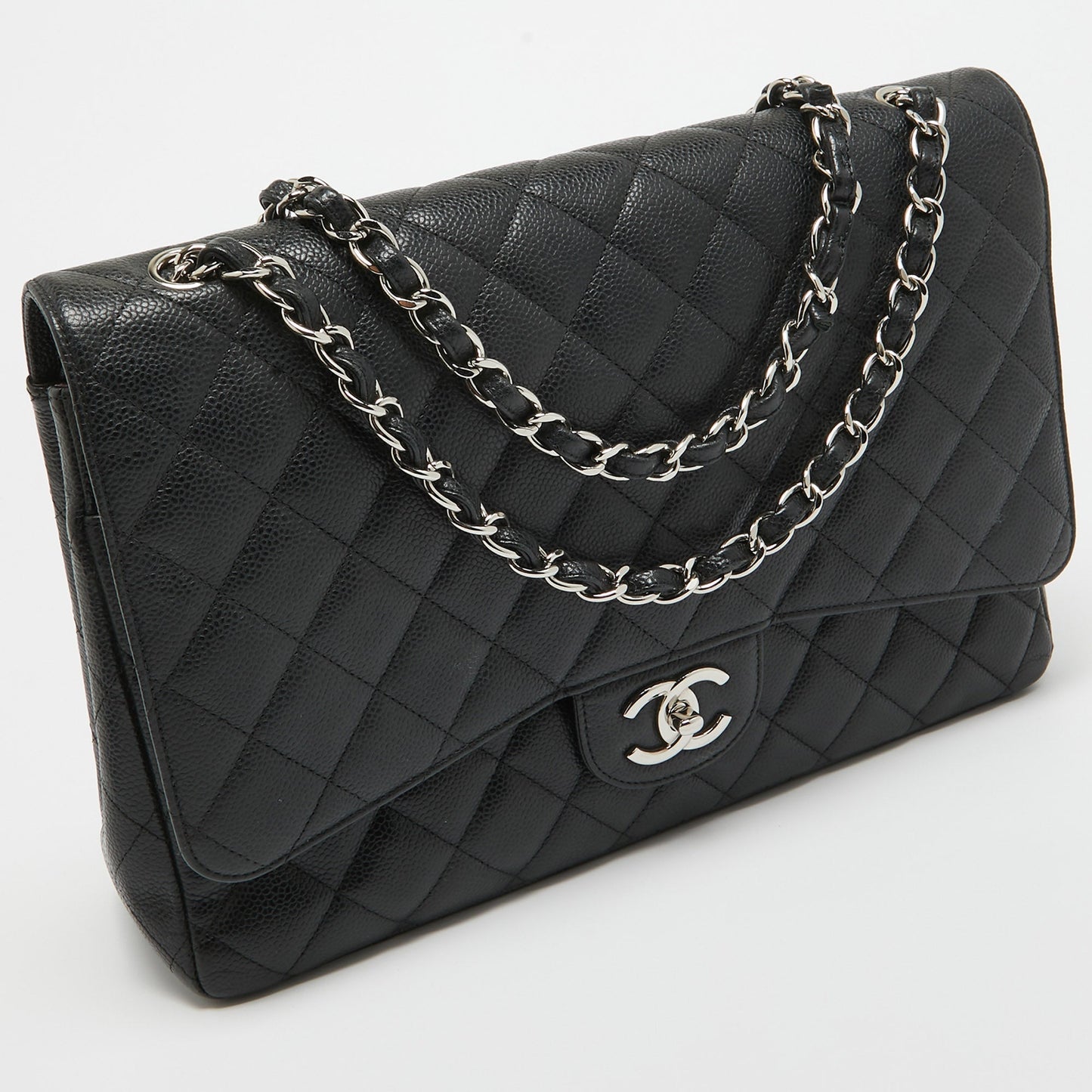 CHANEL Black Quilted Caviar Leather Maxi Classic Double Flap Bag