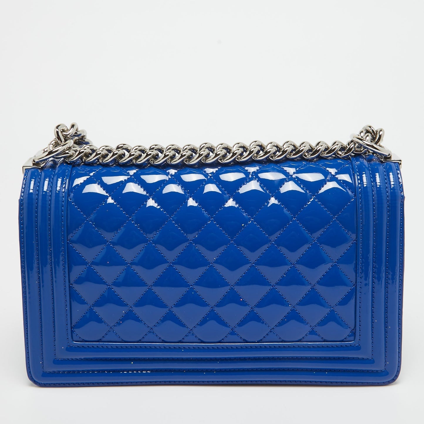 CHANEL Blue Quilted Patent Leather Medium Boy Flap Bag