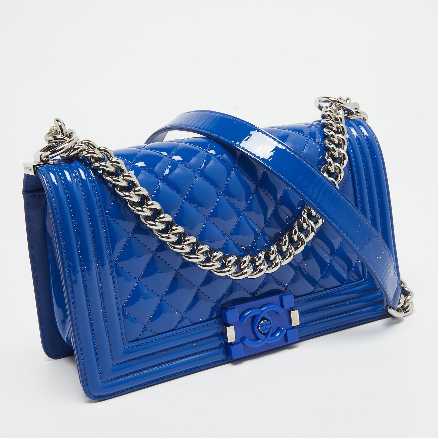 CHANEL Blue Quilted Patent Leather Medium Boy Flap Bag