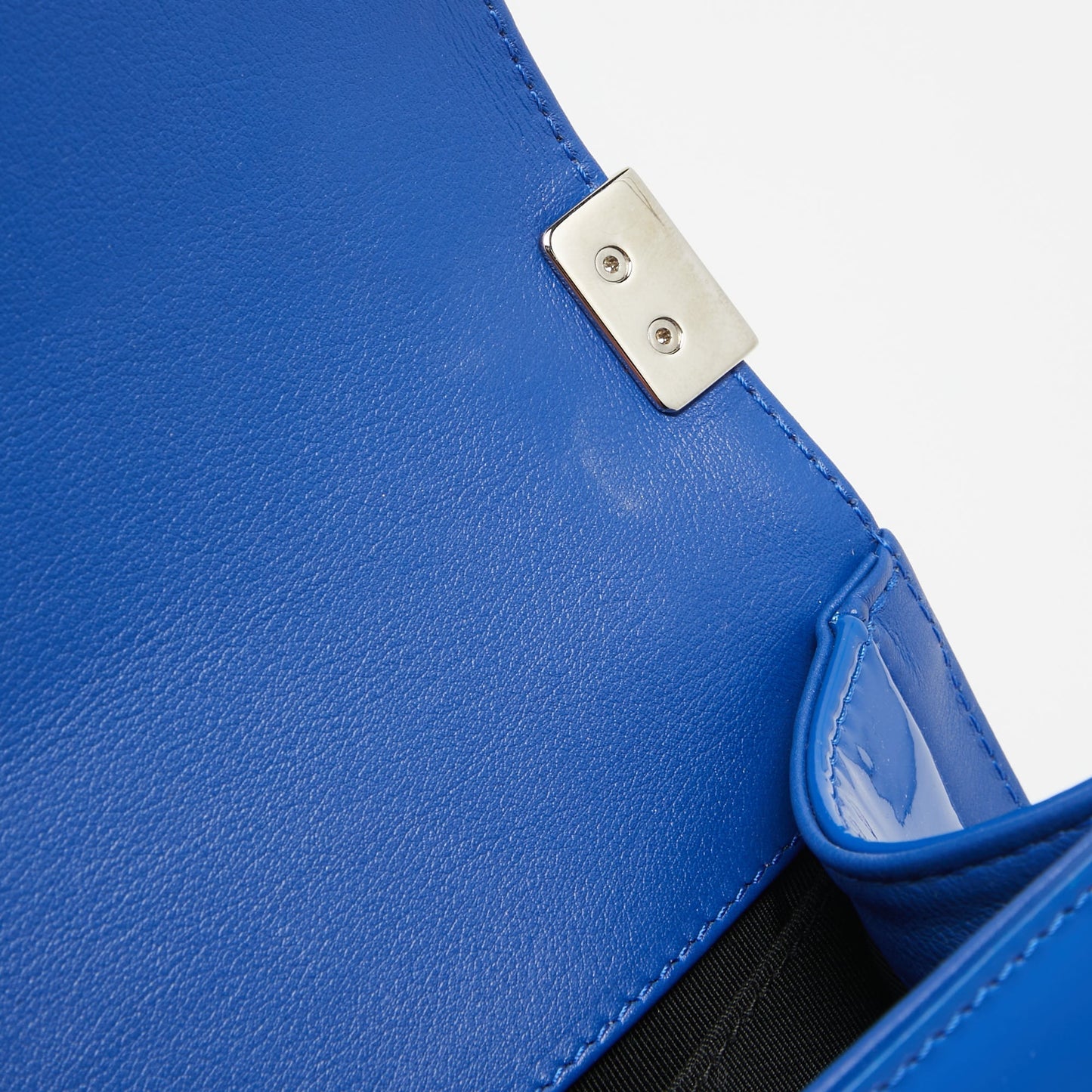 CHANEL Blue Quilted Patent Leather Medium Boy Flap Bag