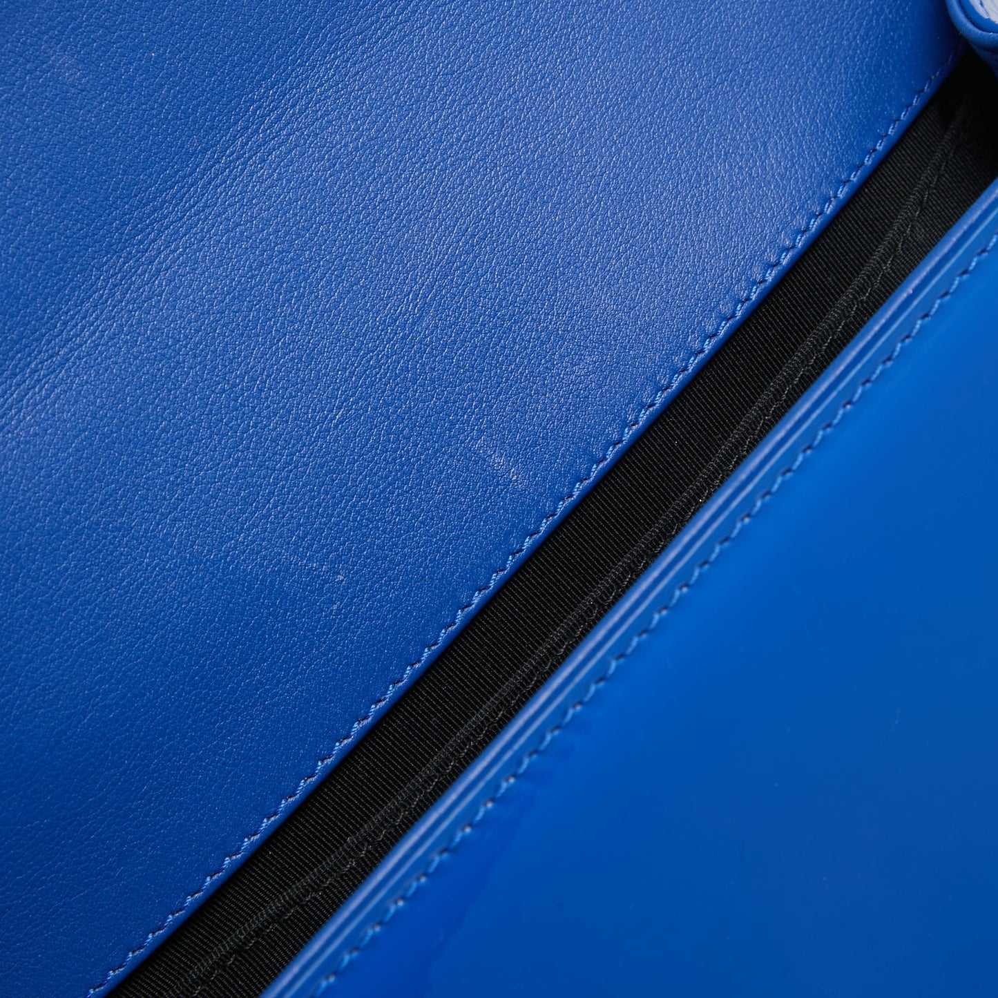 CHANEL Blue Quilted Patent Leather Medium Boy Flap Bag