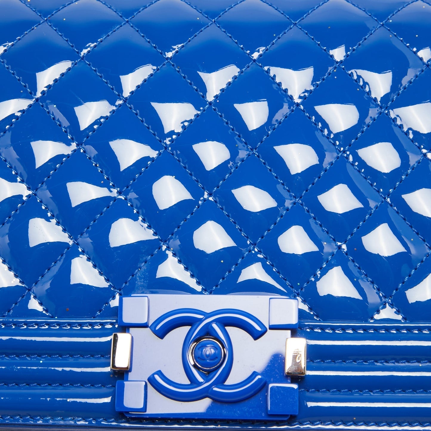 CHANEL Blue Quilted Patent Leather Medium Boy Flap Bag