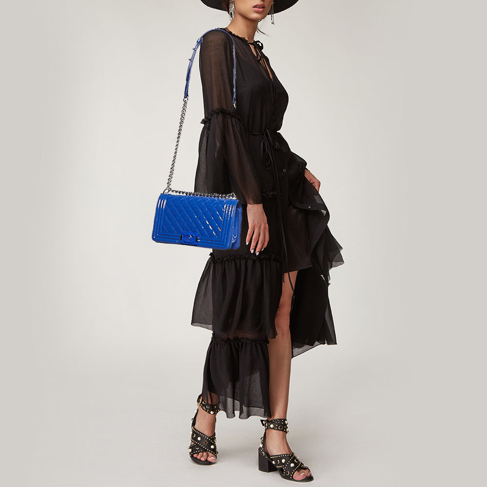 CHANEL Blue Quilted Patent Leather Medium Boy Flap Bag