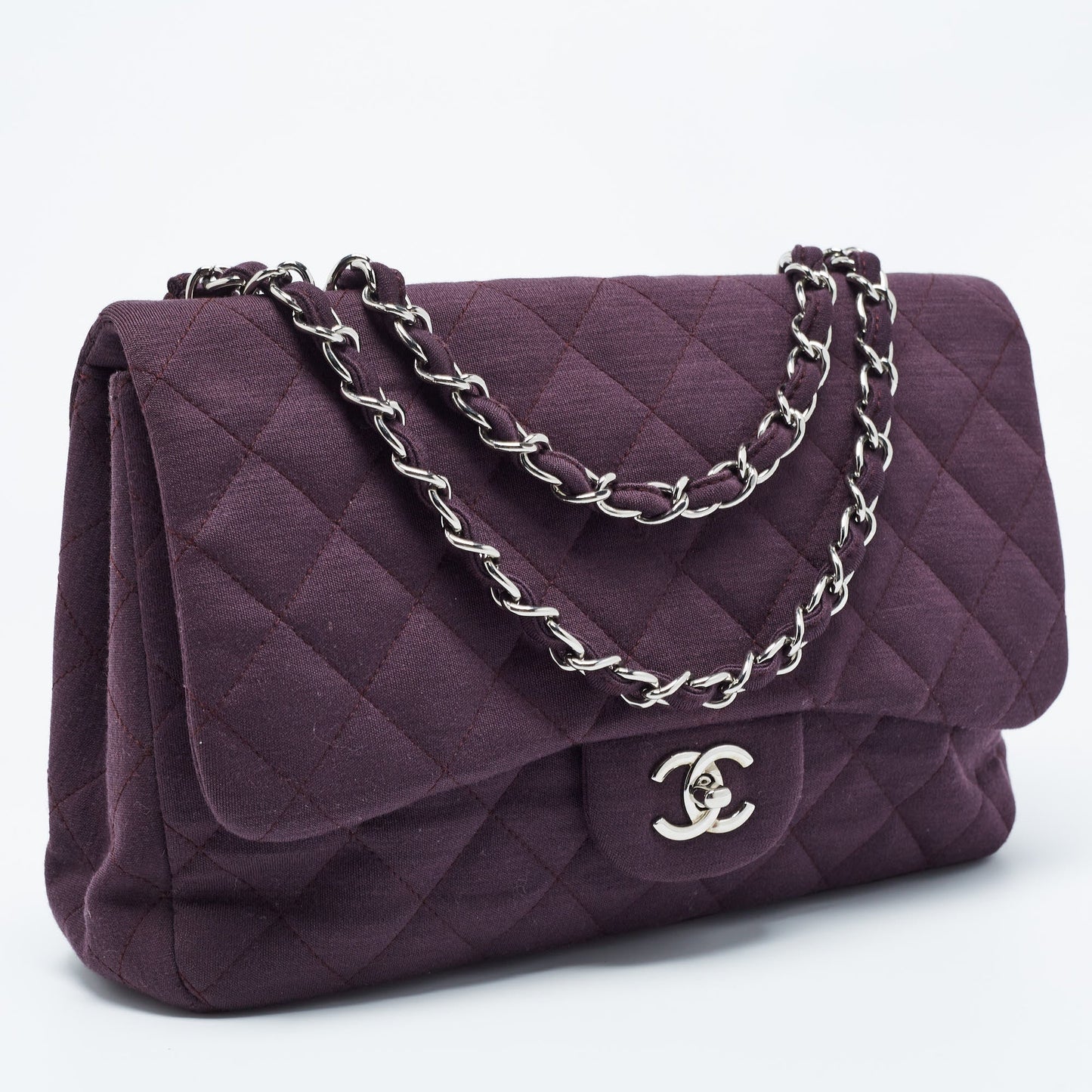CHANEL Dark Purple Quilted Jersey Jumbo Classic Single Flap Bag