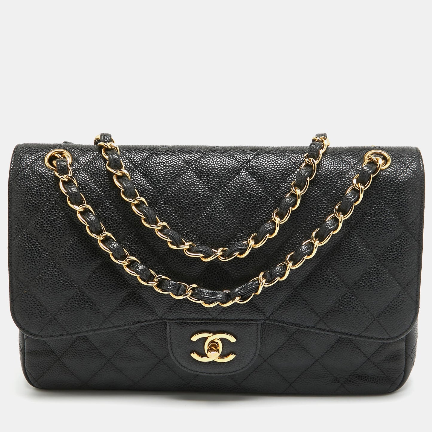 CHANEL Black Quilted Caviar Leather Jumbo Classic Double Flap Bag