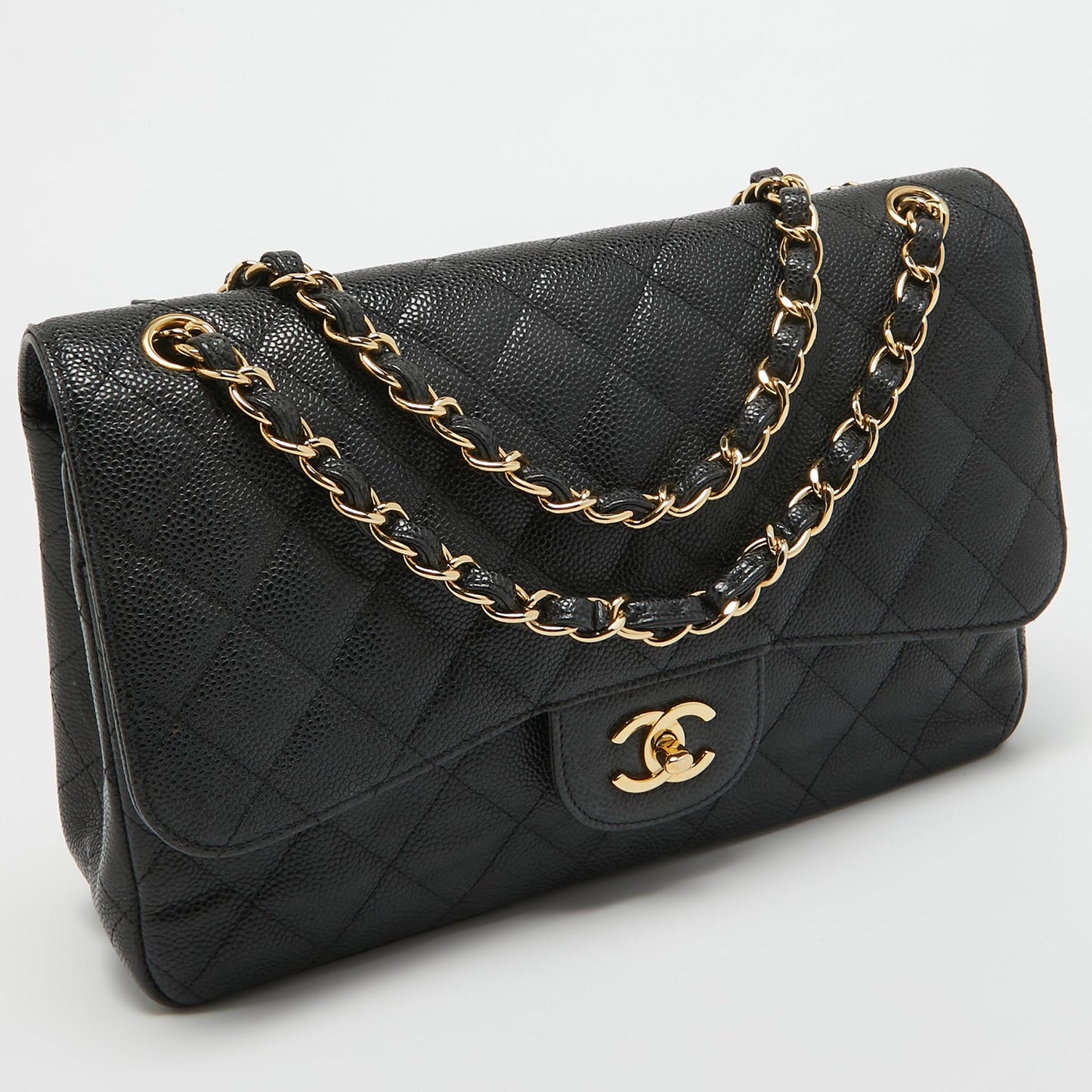 CHANEL Black Quilted Caviar Leather Jumbo Classic Double Flap Bag