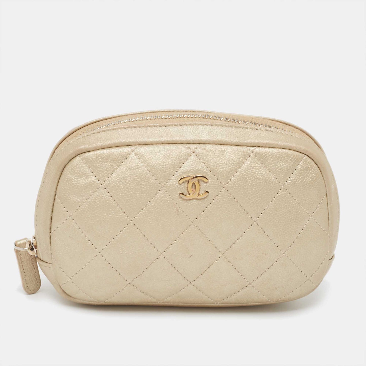 CHANEL Beige Quilted Leather Cosmetic Pouch