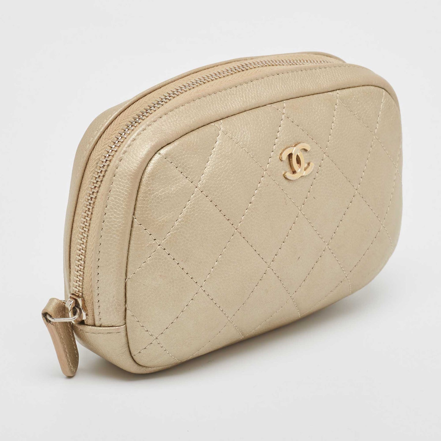 CHANEL Beige Quilted Leather Cosmetic Pouch