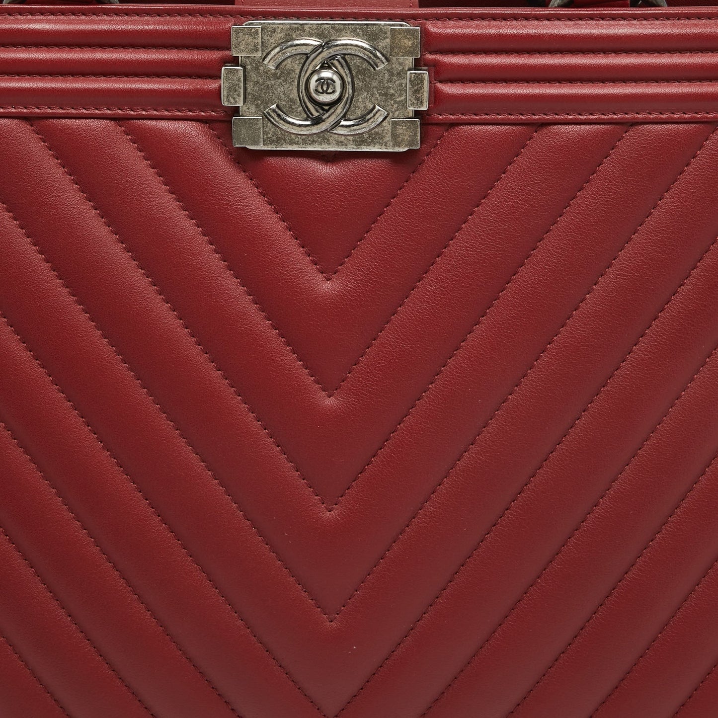 CHANEL Red Chevron Quilted Leather Large Boy Shopper Tote