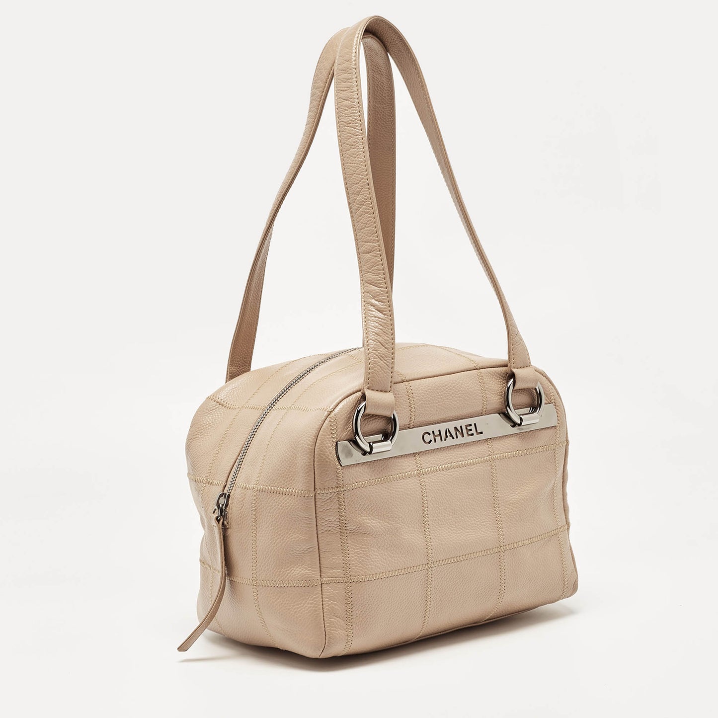CHANEL Beige Square Quilt Caviar Leather LAX Bowler Bag