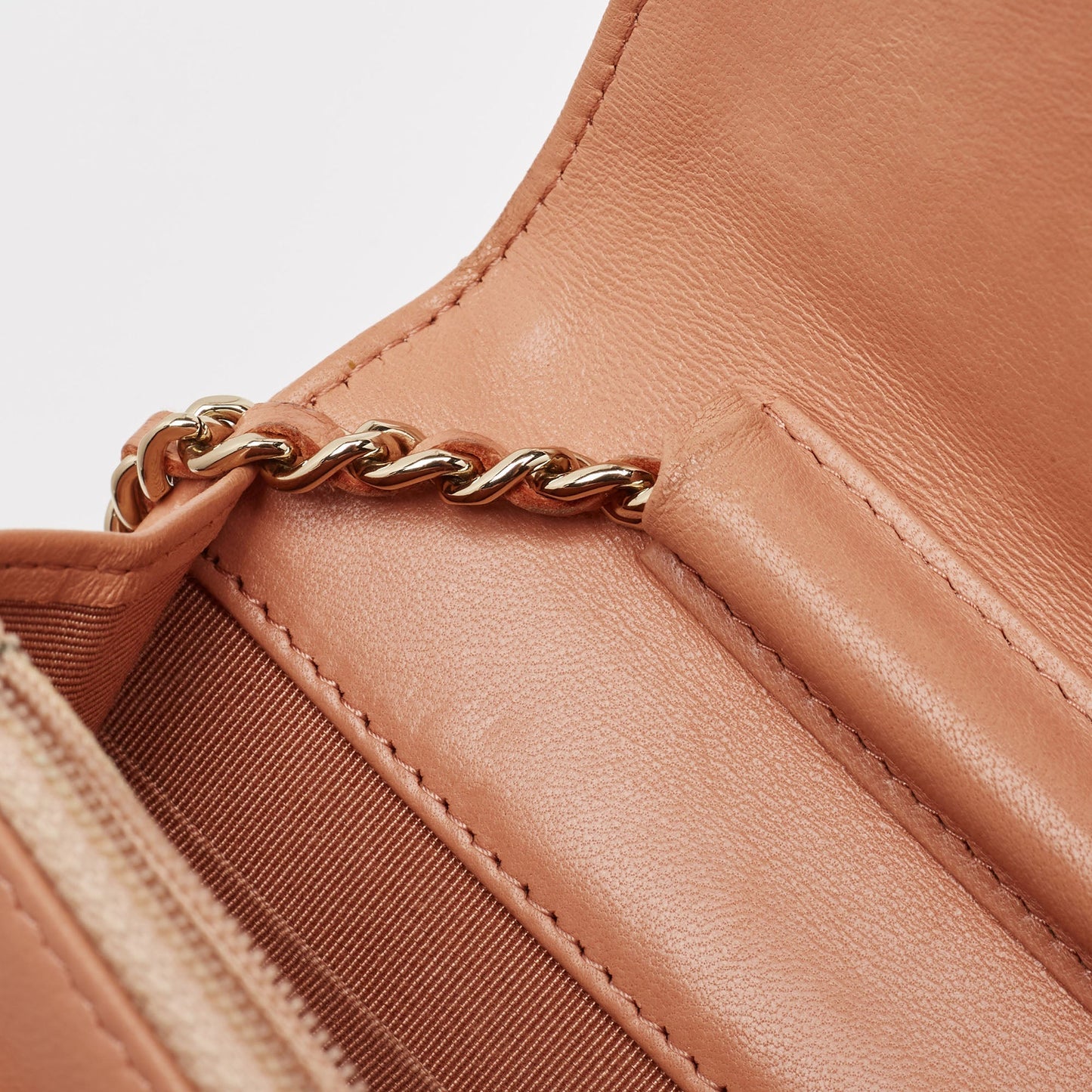 CHANEL Peach Pink Quilted Leather Classic Wallet on Chain