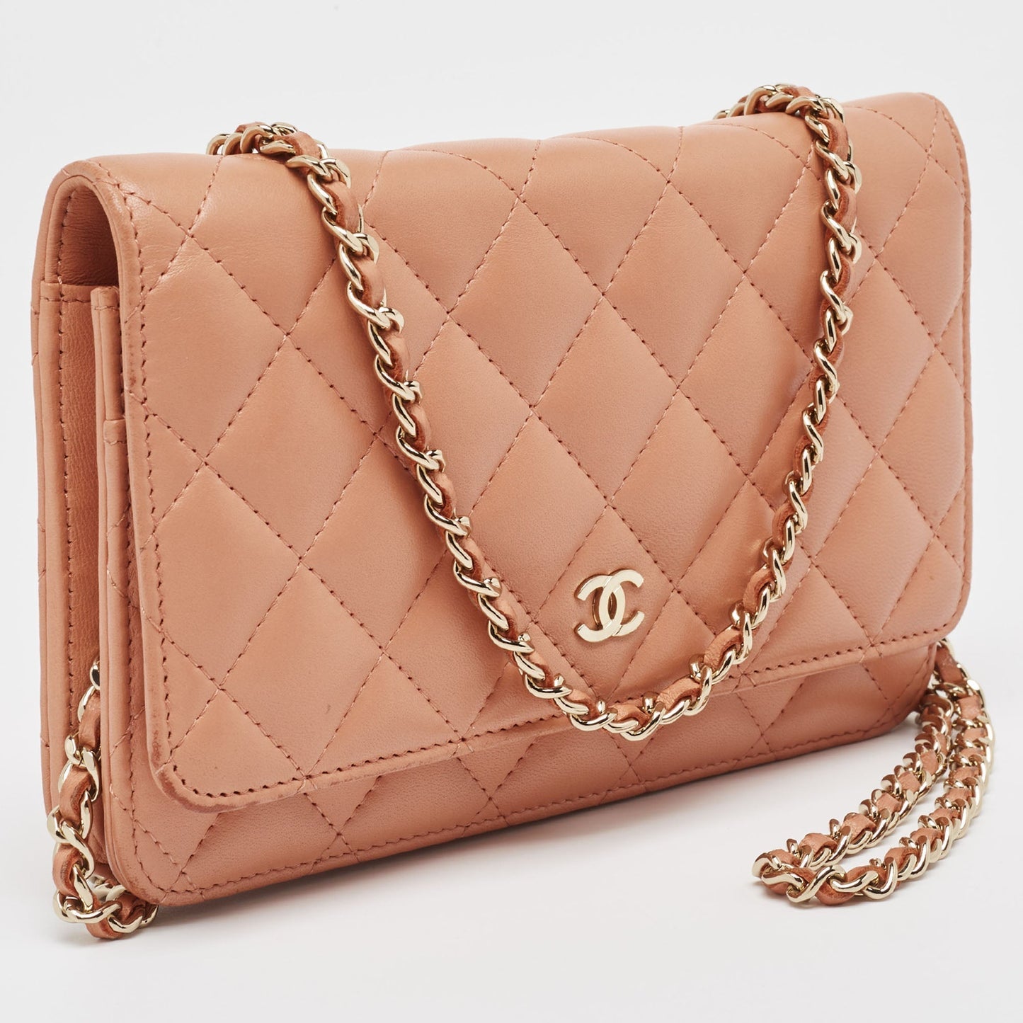 CHANEL Peach Pink Quilted Leather Classic Wallet on Chain