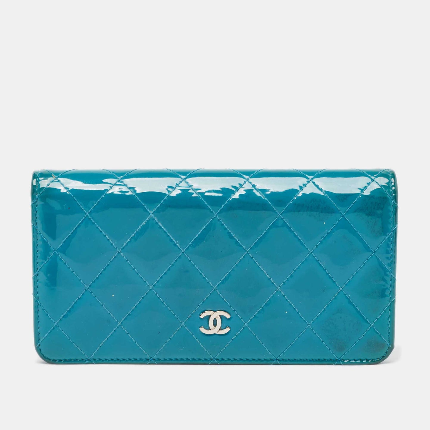 CHANEL Teal Quilted Patent Leather L Yen Wallet