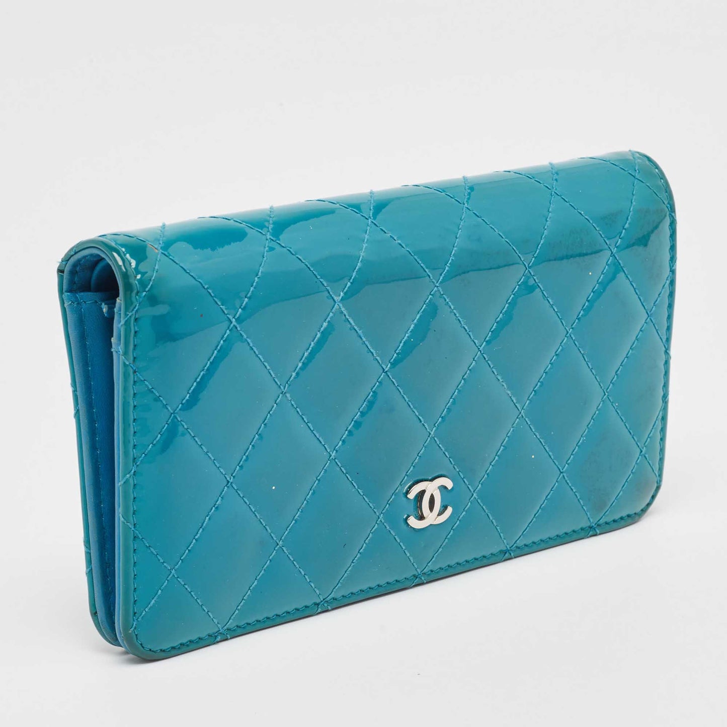 CHANEL Teal Quilted Patent Leather L Yen Wallet