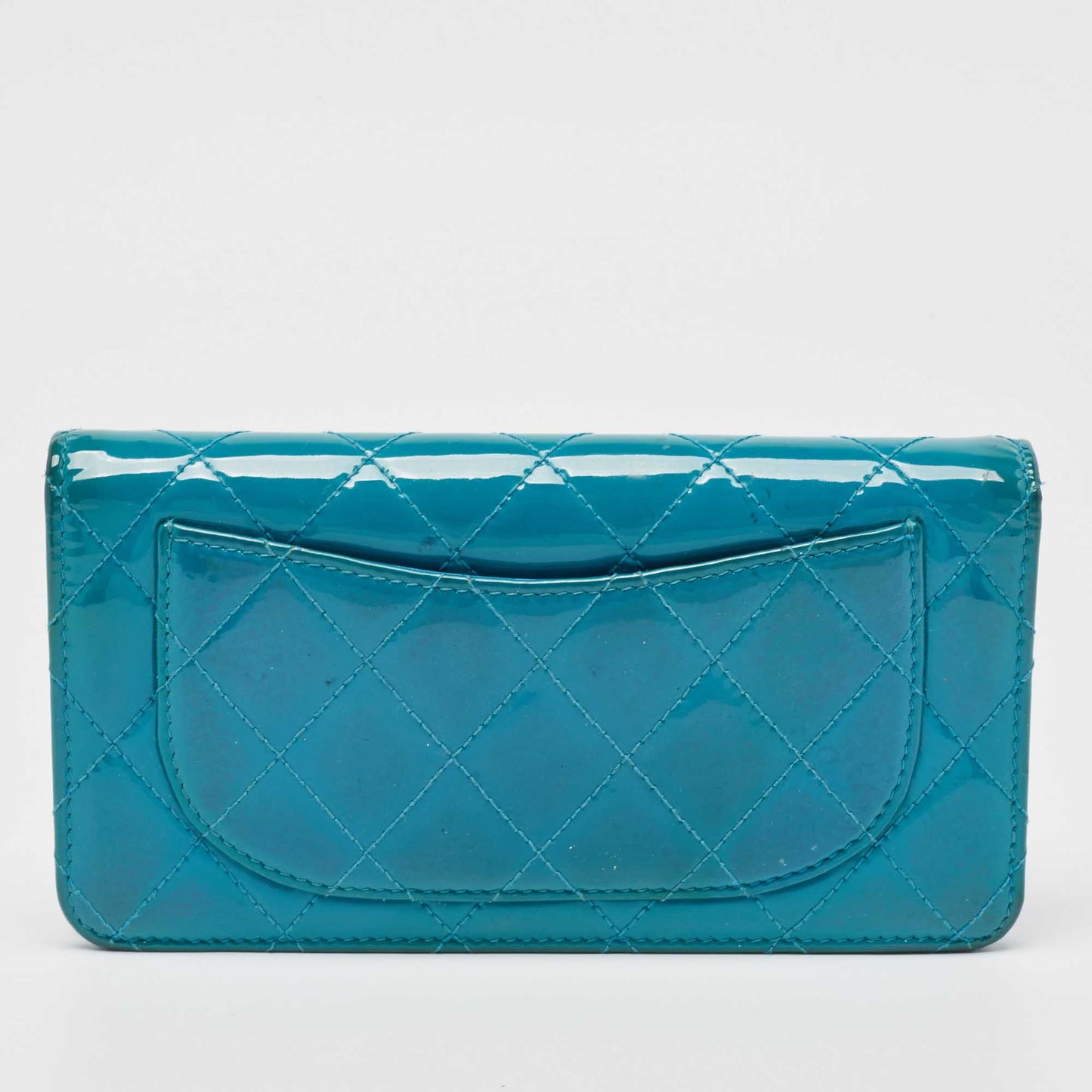 CHANEL Teal Quilted Patent Leather L Yen Wallet