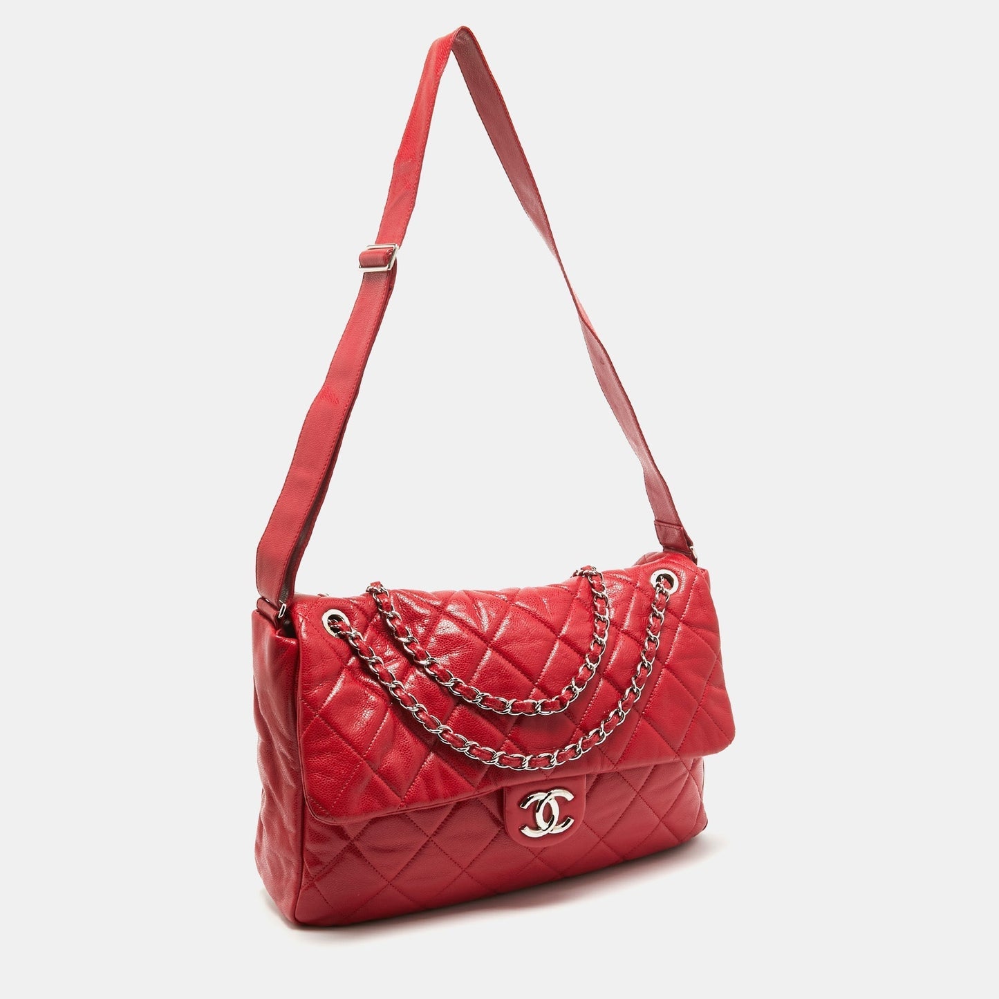 CHANEL Red Quilted Caviar Leather XL Classic Flap Messenger Bag