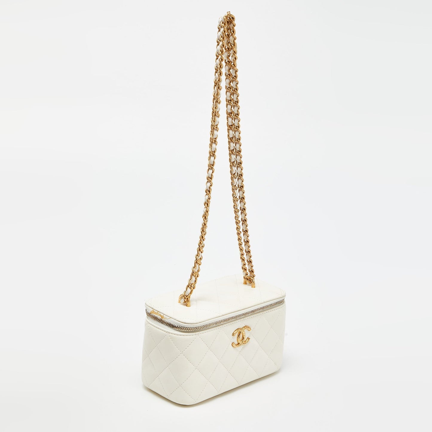 CHANEL Off White Quilted Leather Vanity Case Chain Bag