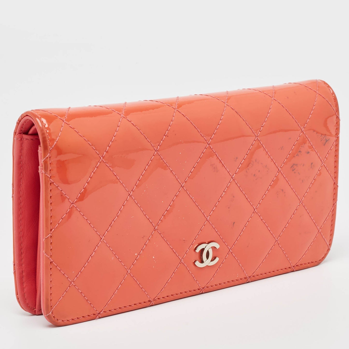 CHANEL Orange Quilted Patent Leather CC Yen Continental Wallet