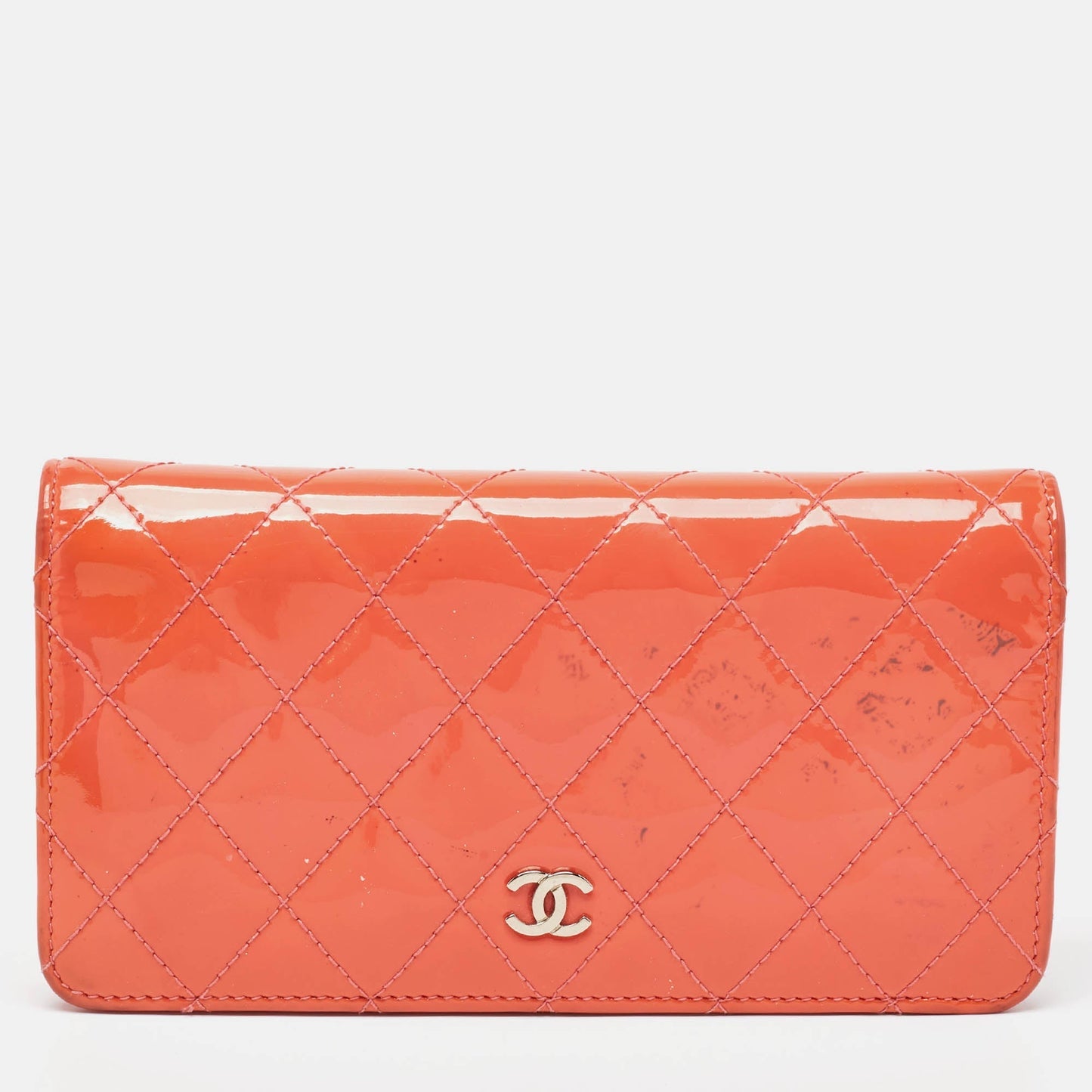 CHANEL Orange Quilted Patent Leather CC Yen Continental Wallet