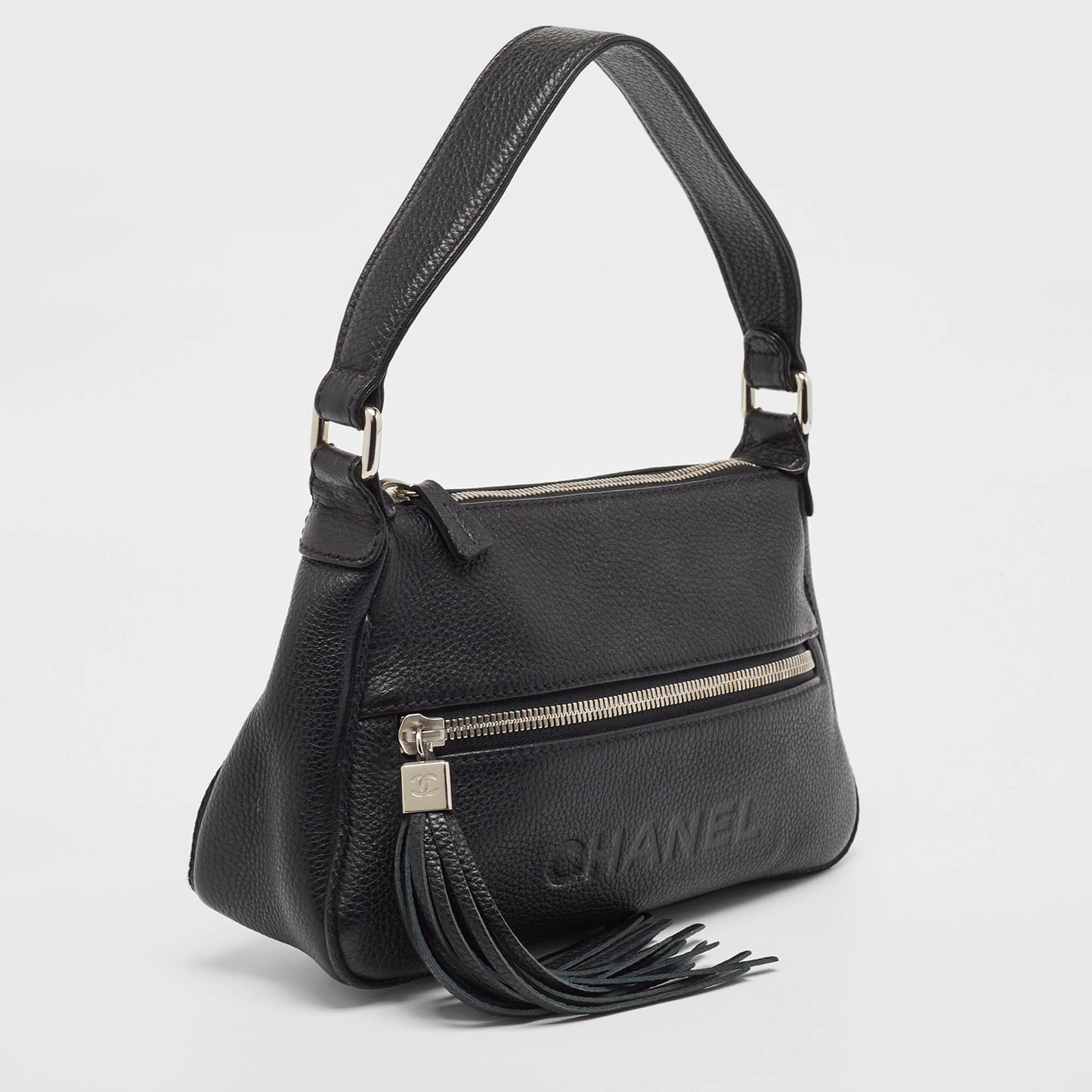 CHANEL Black Leather Lax Front Zip Bag