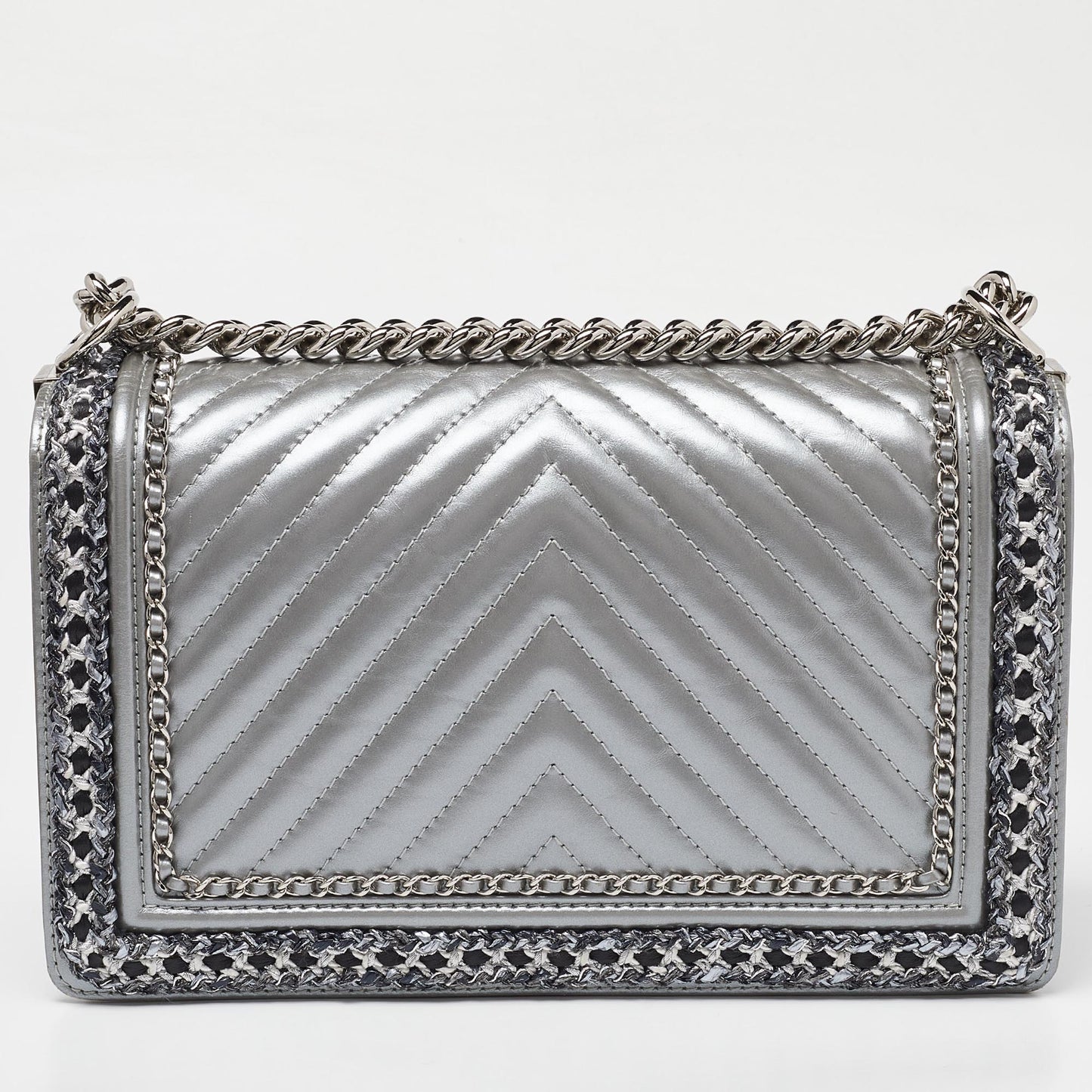 CHANEL Silver Quilted Leather New Medium Boy Flap Bag