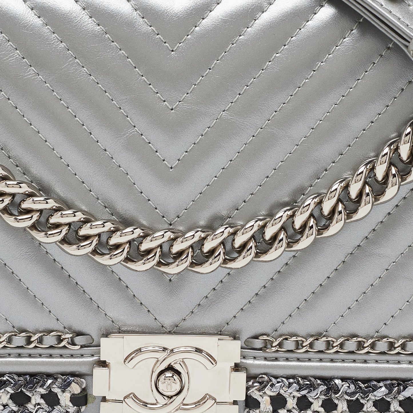 CHANEL Silver Quilted Leather New Medium Boy Flap Bag