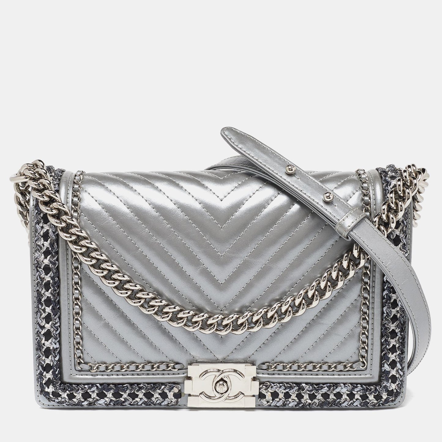 CHANEL Silver Quilted Leather New Medium Boy Flap Bag