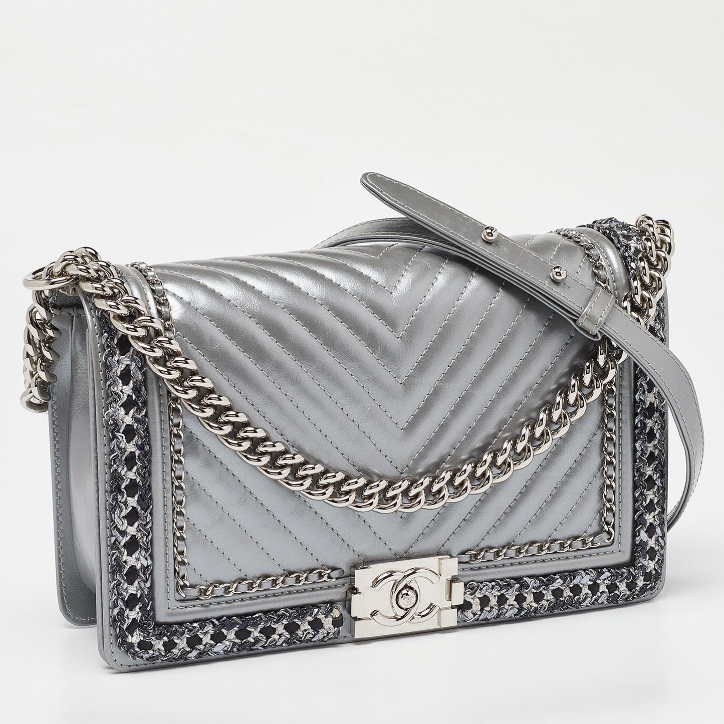 CHANEL Silver Quilted Leather New Medium Boy Flap Bag