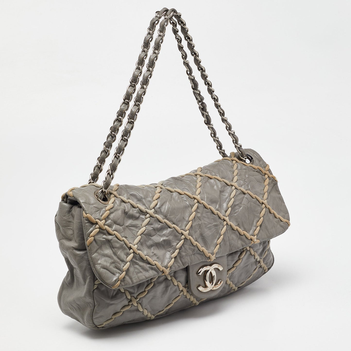 CHANEL Grey Quilted Crinkled Leather Ultra Stitch Classic Flap Bag
