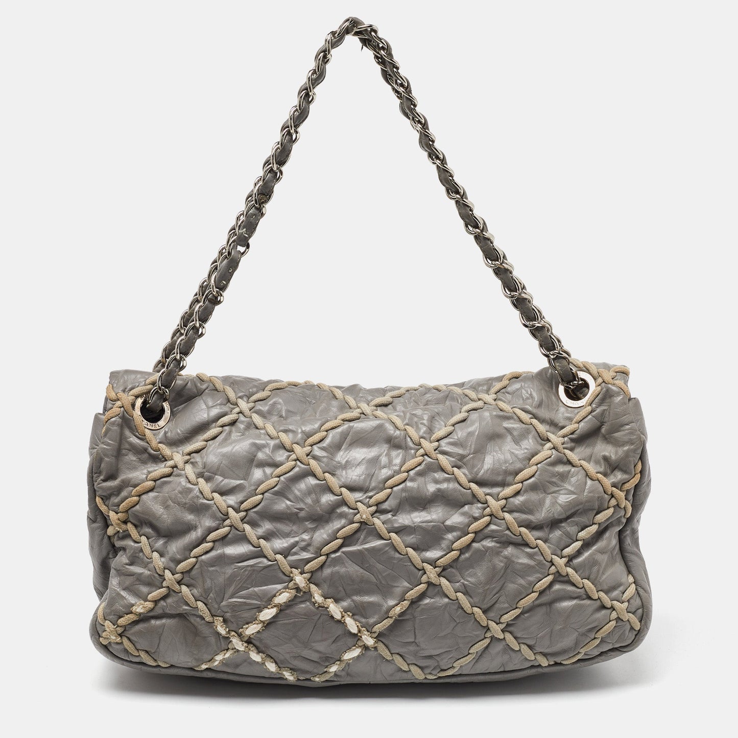 CHANEL Grey Quilted Crinkled Leather Ultra Stitch Classic Flap Bag