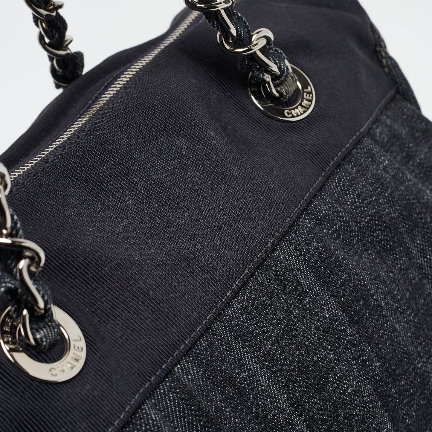 CHANEL Dark Blue Quilted Denim Bowler Bag