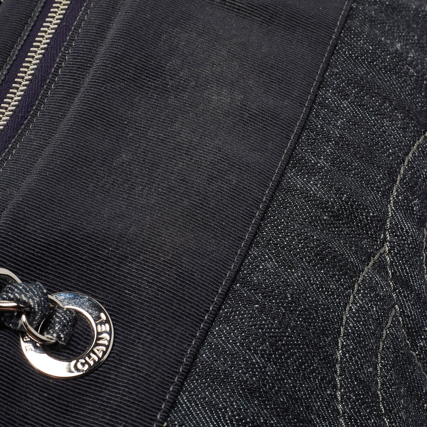CHANEL Dark Blue Quilted Denim Bowler Bag