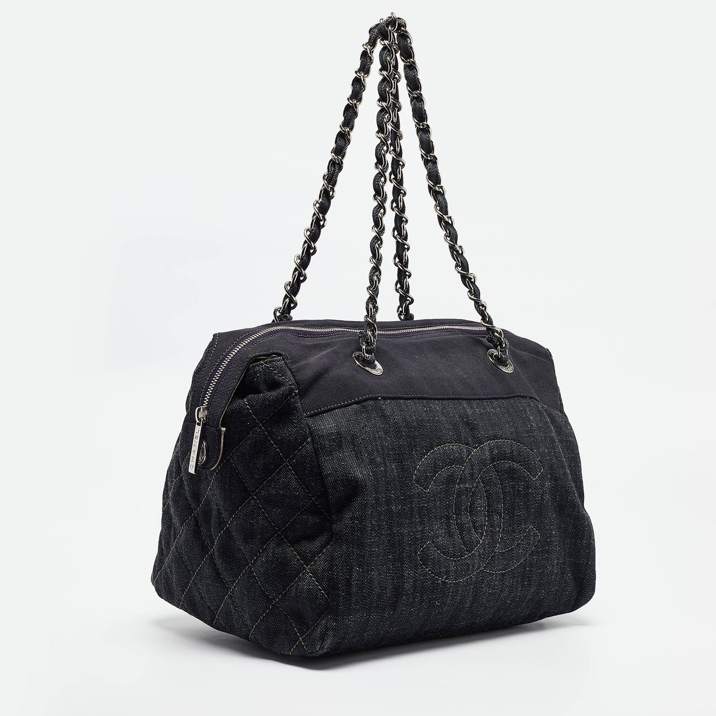CHANEL Dark Blue Quilted Denim Bowler Bag