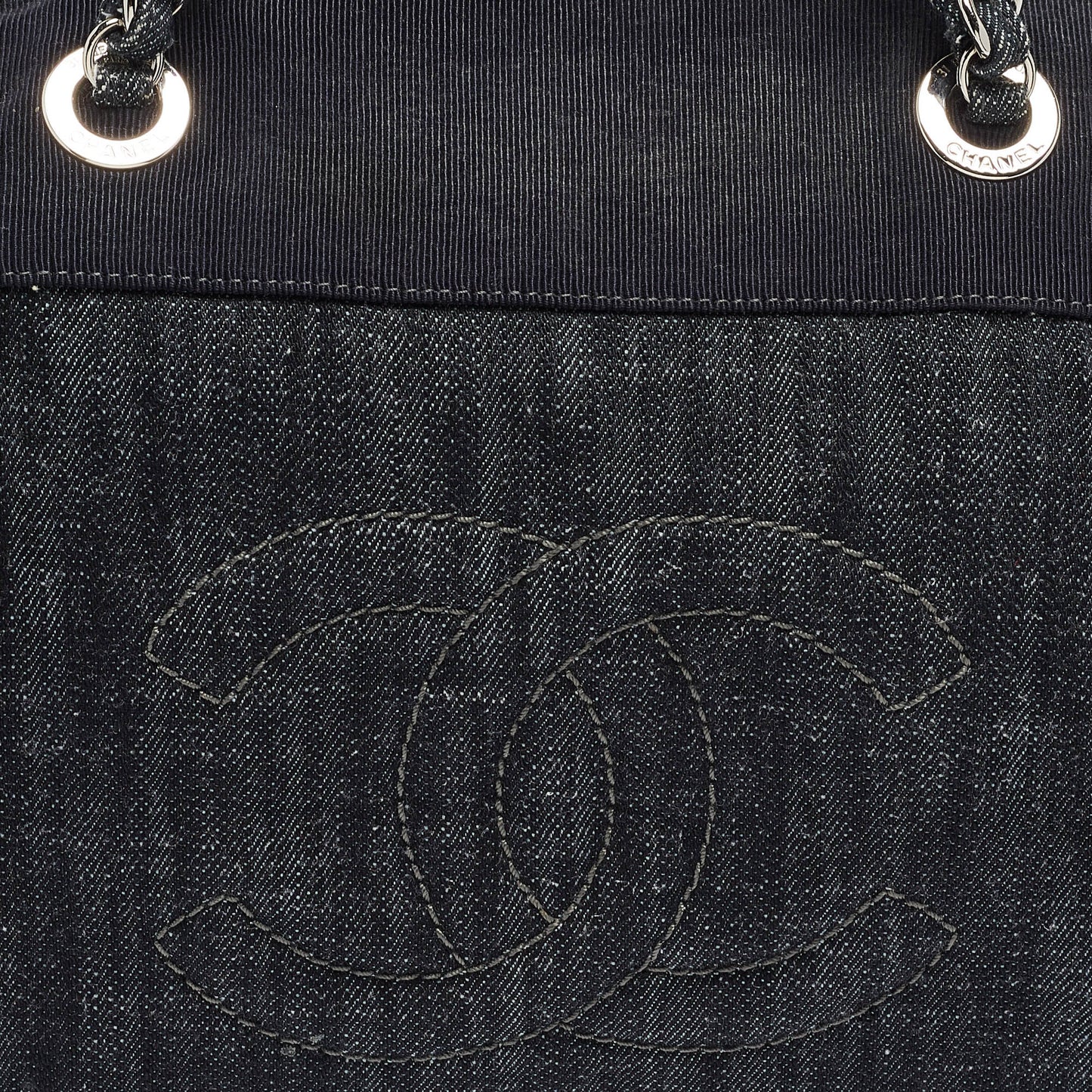 CHANEL Dark Blue Quilted Denim Bowler Bag