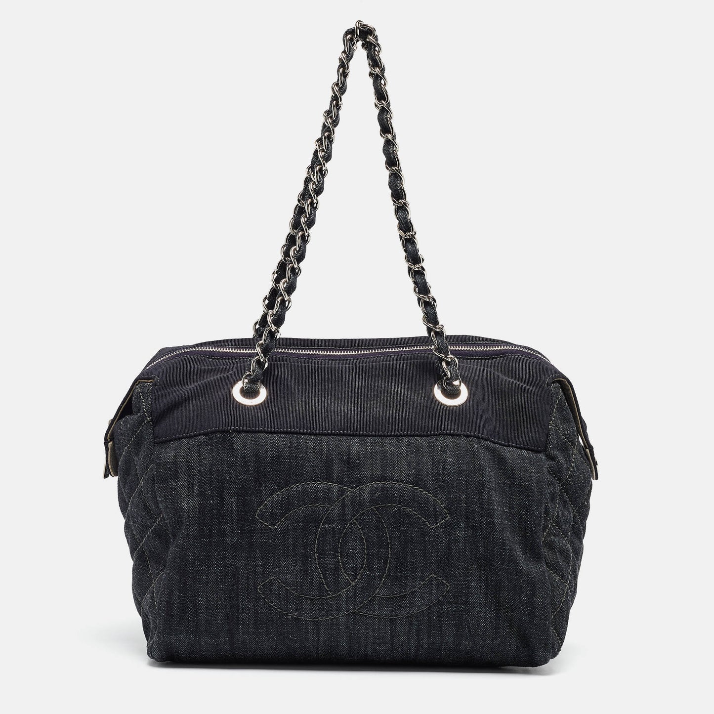 CHANEL Dark Blue Quilted Denim Bowler Bag