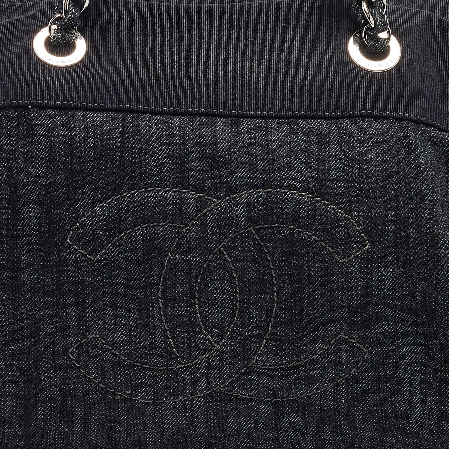 CHANEL Dark Blue Quilted Denim Bowler Bag