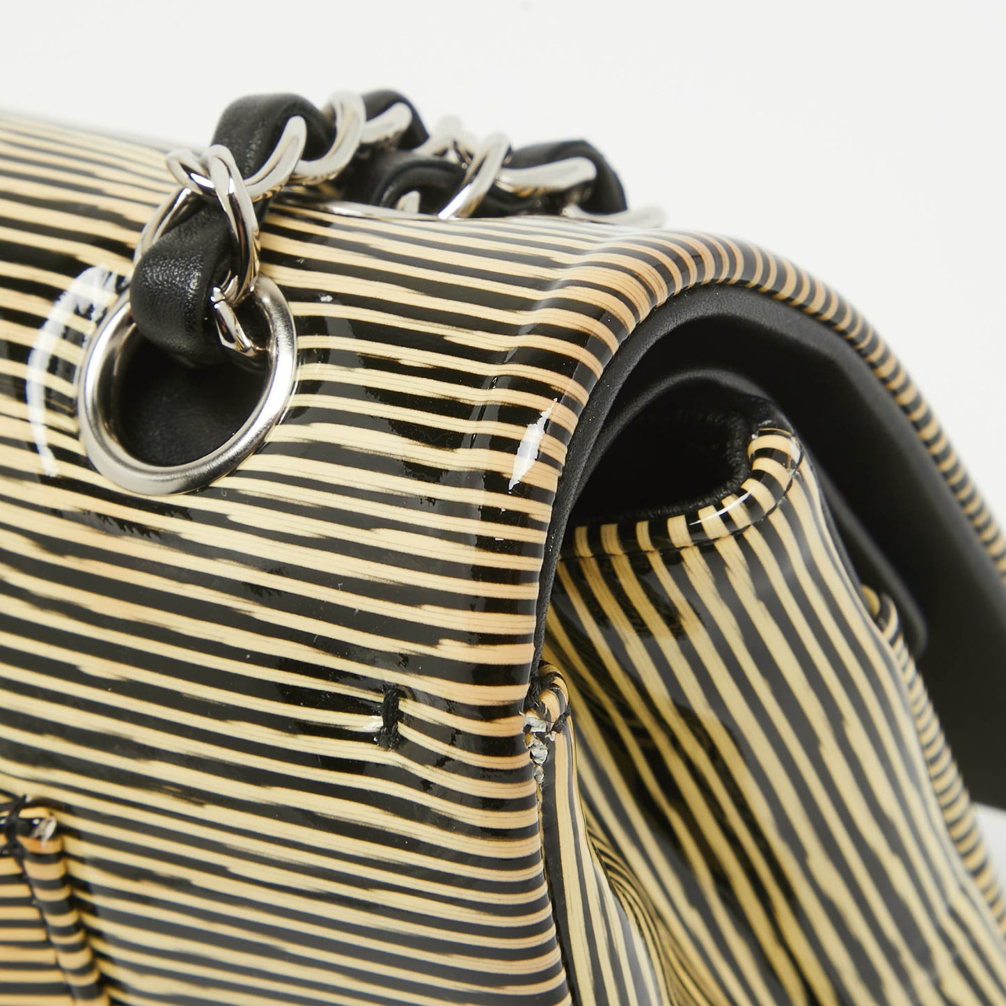 CHANEL Cream Striped Patent Leather Medium Classic Double Flap Bag