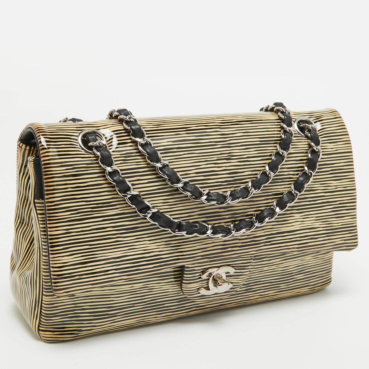 CHANEL Cream Striped Patent Leather Medium Classic Double Flap Bag